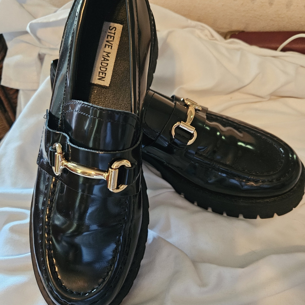 Steve Madden Black Loafers with Gold Buckle